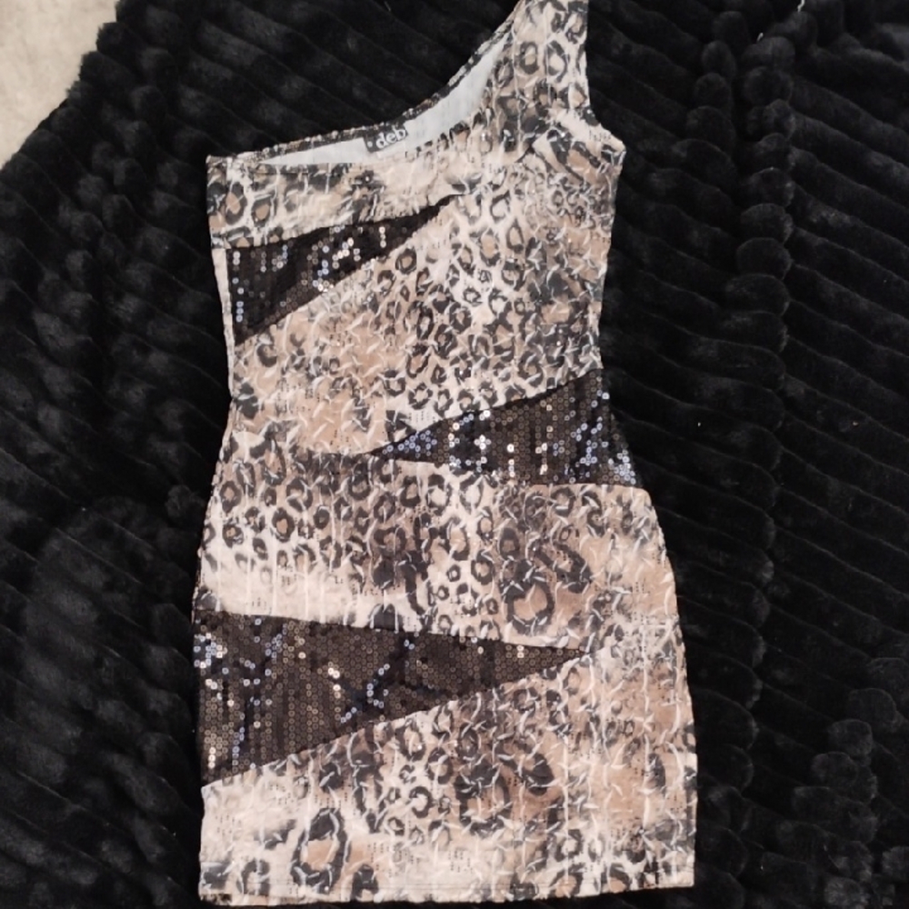 Deb Asymmetrical Black and White One-Shoulder Cocktail Dress